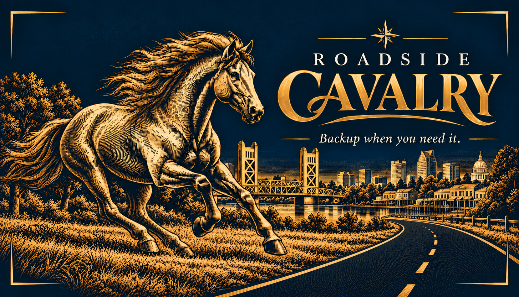 Roadside Cavalry gold horse logo with Sacramento Tower Bridge and skyline